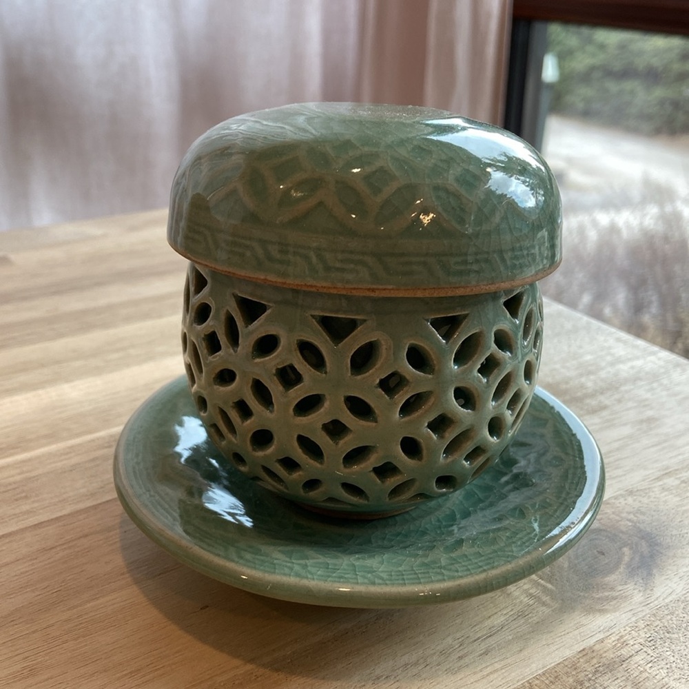 Korean Traditional Handmade Celadon Tea Cup Set: Double-Wall Openwork Cup